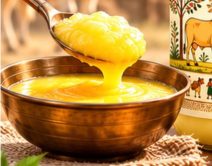 Golden ghee poured from a spoon into a brass bowl