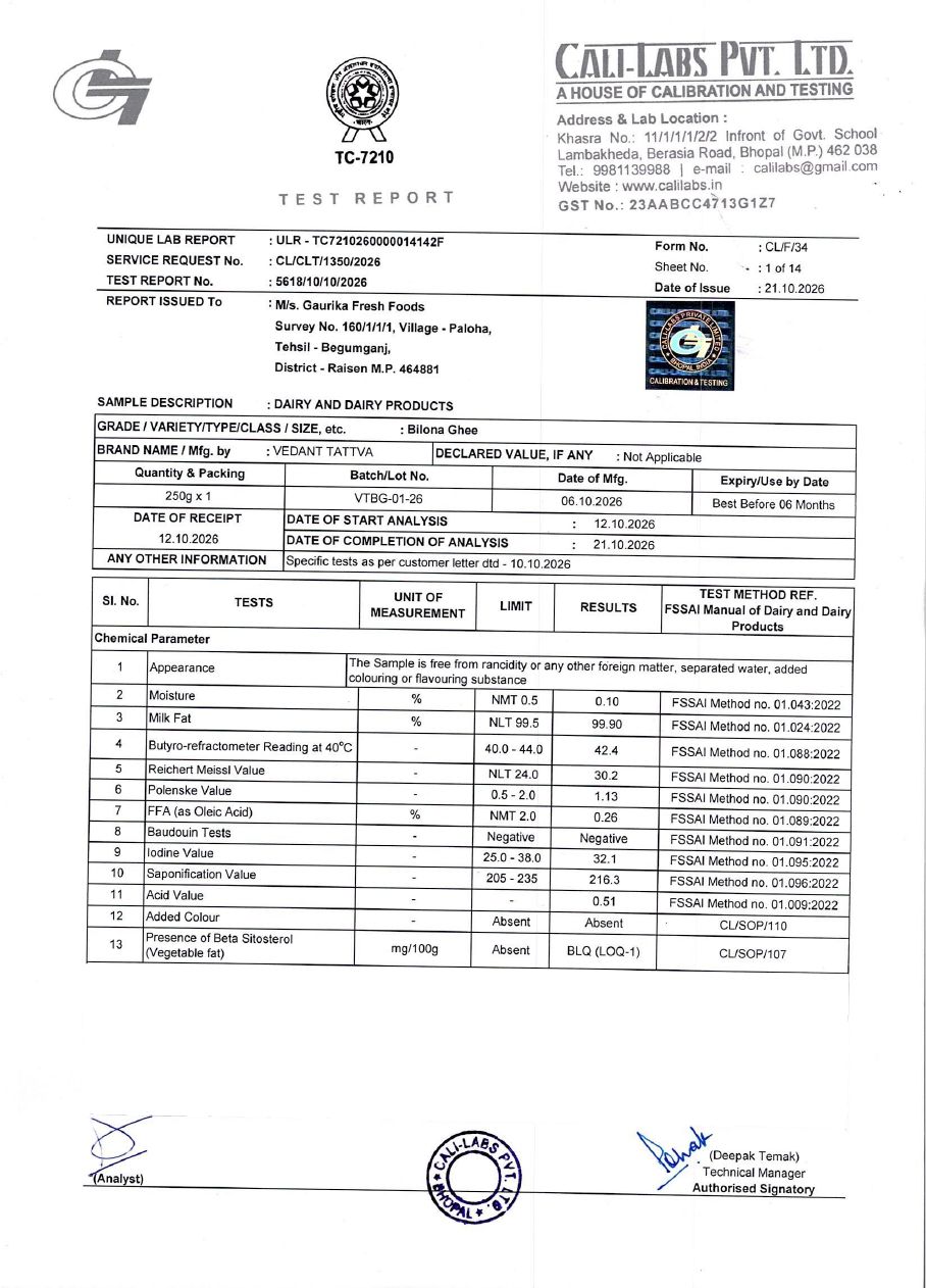 Cali-Labs test report no. 5618 for Vedant Tattva Bilona Ghee, page 1